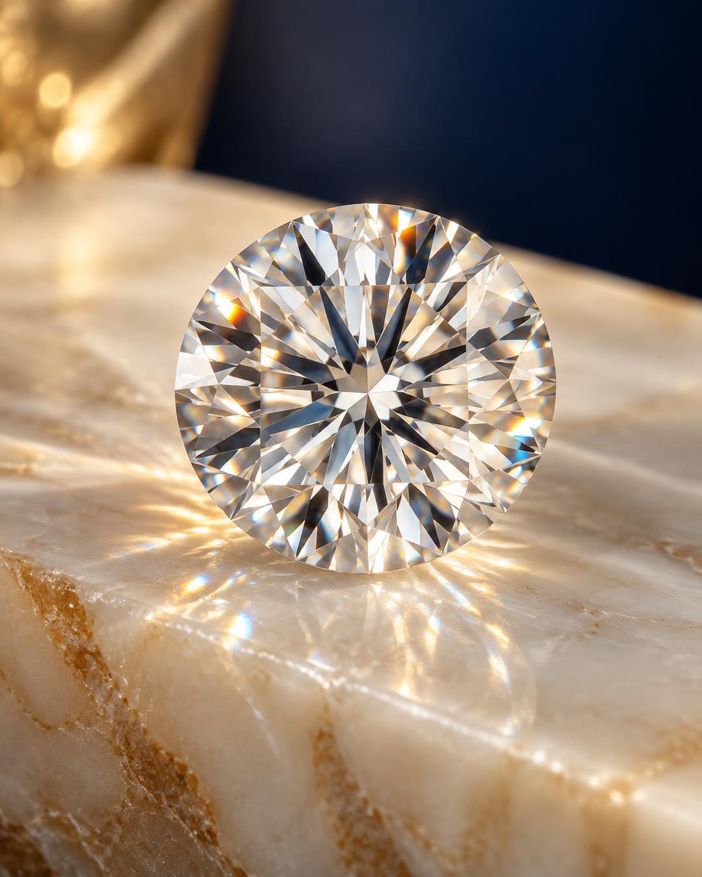 Close view of a round brilliant cut lab-grown diamond on a polished stone surface