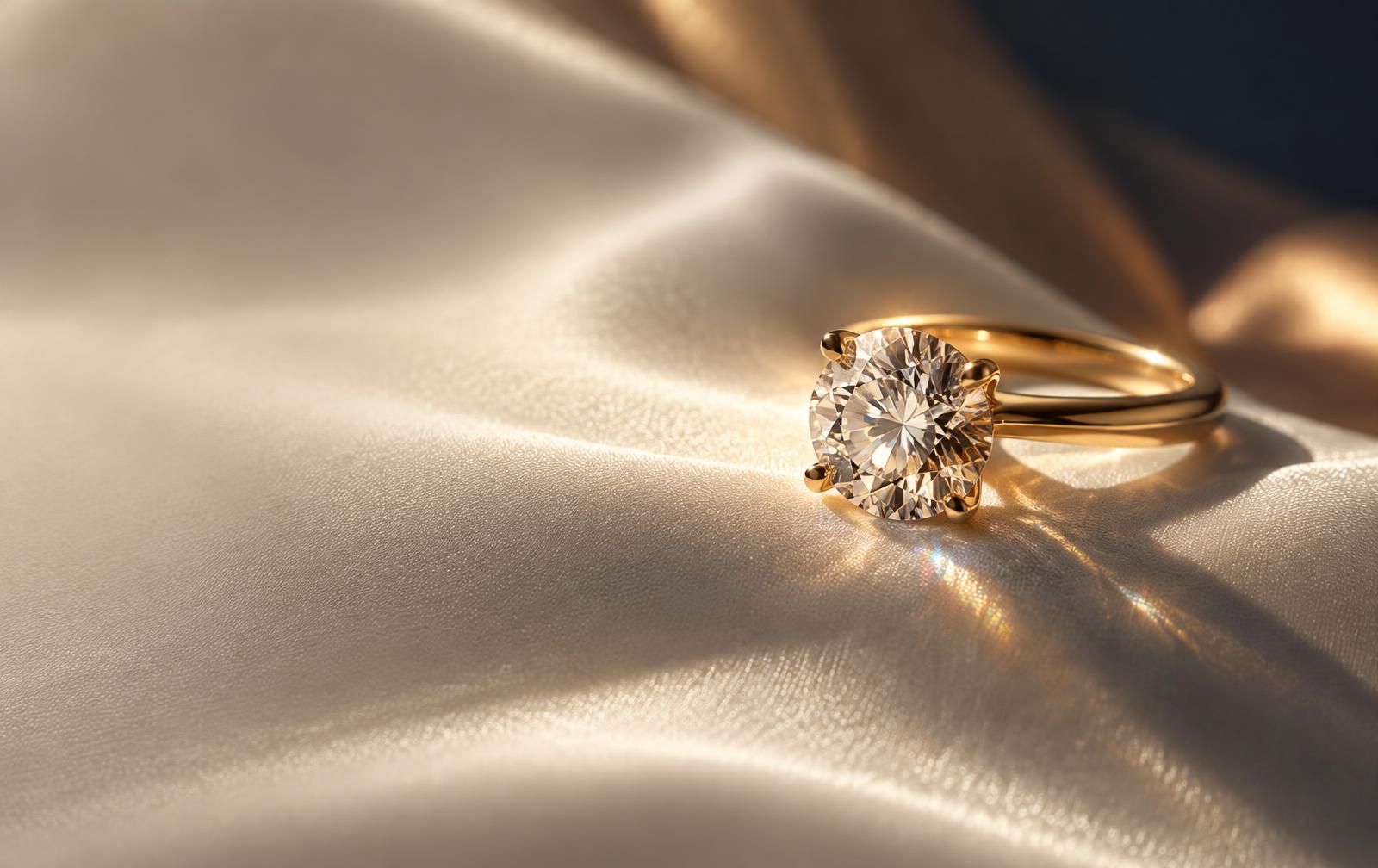 A lab-grown diamond solitaire ring resting on draped ivory silk